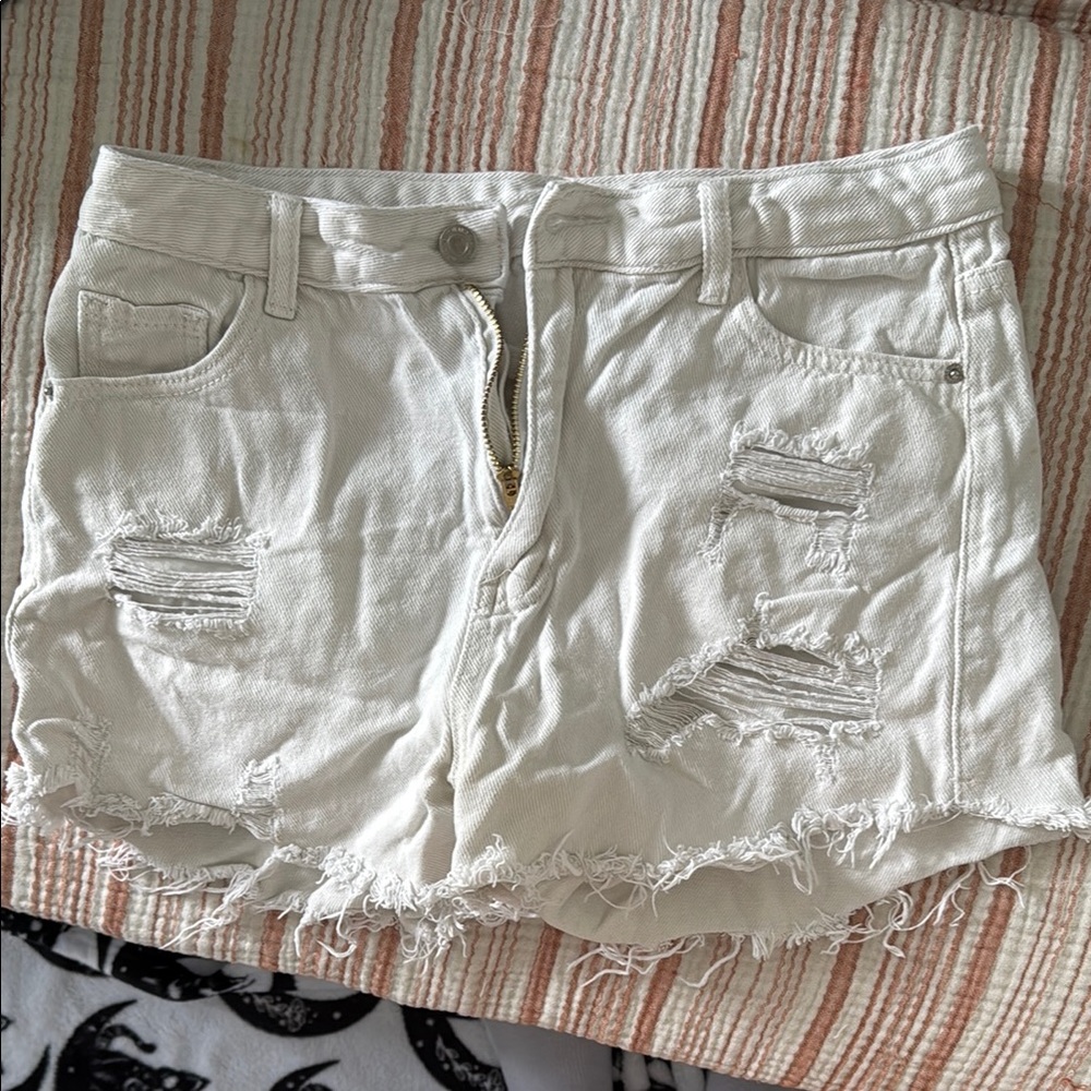 SHEIN White Distressed Jean Shorts with Frayed Hem